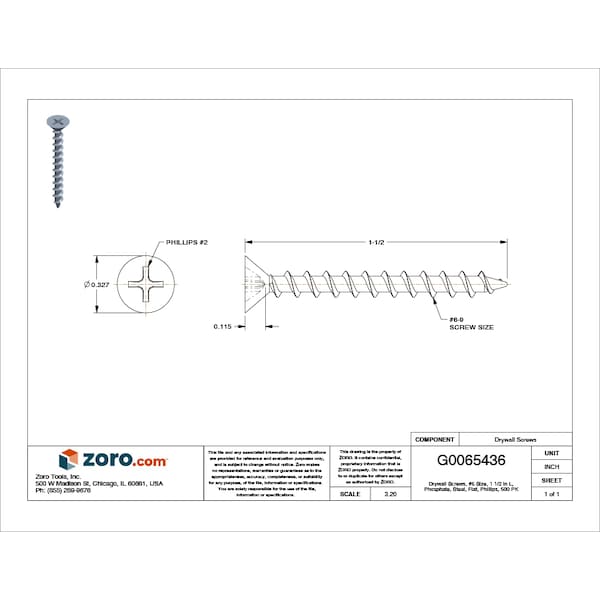Drywall Screw, #6 x 1-1/2 in, Steel, Flat Head Phillips Drive, 500 PK