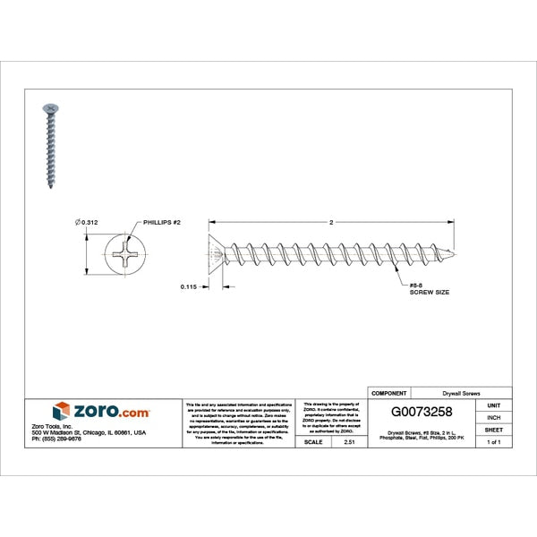 Drywall Screw, #8 x 2 in, Steel, Flat Head Phillips Drive, 200 PK