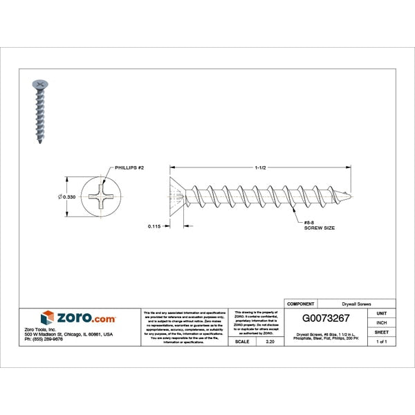 Drywall Screw, #8 x 1-1/2 in, Steel, Flat Head Phillips Drive, 200 PK