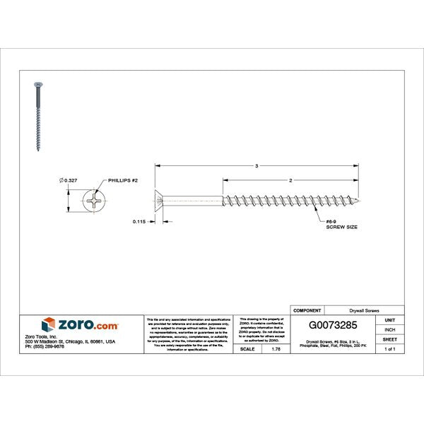 Drywall Screw, #6 x 3 in, Steel, Flat Head Phillips Drive, 200 PK