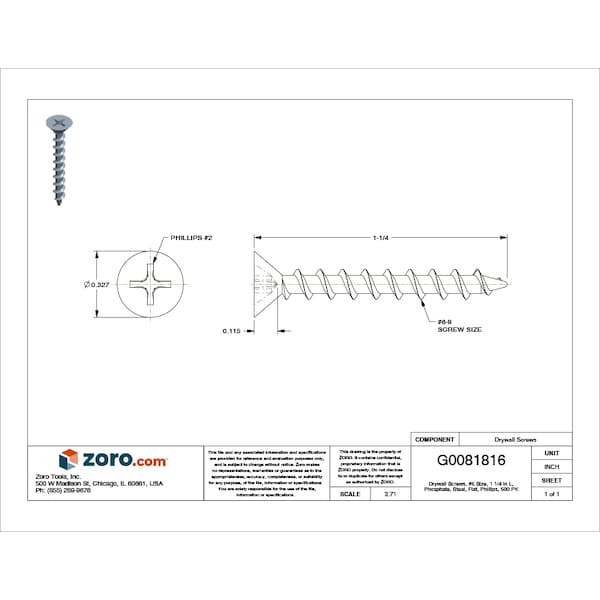 Drywall Screw, #6 x 1-1/4 in, Steel, Flat Head Phillips Drive, 500 PK