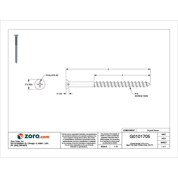 Drywall Screw, #10 x 3 in, Steel, Flat Head Phillips Drive, 200 PK