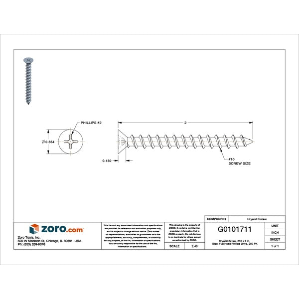 Drywall Screw, #10 x 2 in, Steel, Flat Head Phillips Drive, 200 PK