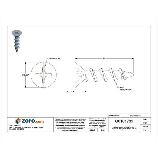Drywall Screw, #8 x 3/4 in, Steel, Flat Head Phillips Drive, 500 PK