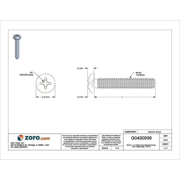 #8-32 x 1 in Phillips Pan Machine Screw, Zinc Plated Steel, 100 PK