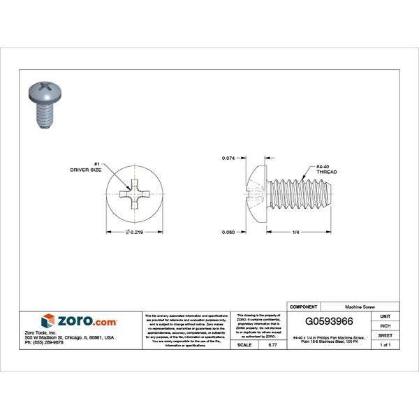 #4-40 x 1/4 in Phillips Pan Machine Screw, Plain 18-8 Stainless Steel, 100 PK