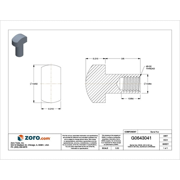 Barrel Nut, #8-32, 3/8 in Brl Lg, 13/64 in Brl Dia, Aluminum Unfinished