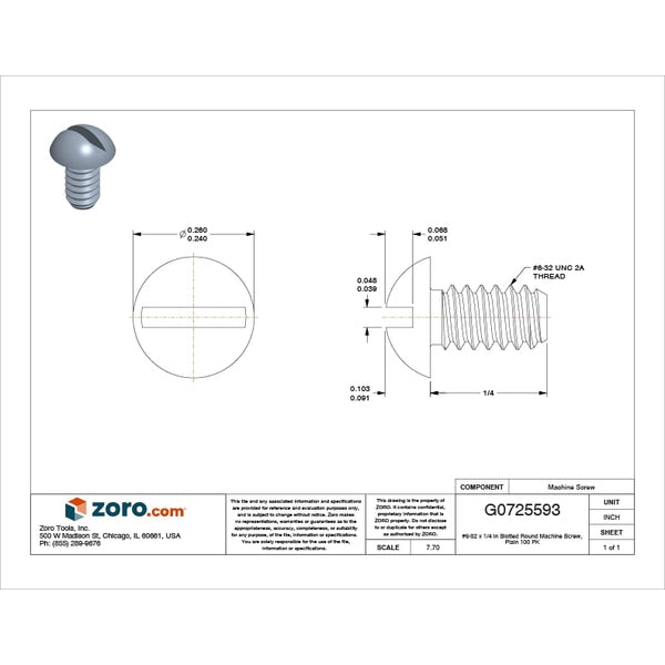 #6-32 x 1/4 in Slotted Round Machine Screw, Plain 18-8 Stainless Steel, 100 PK