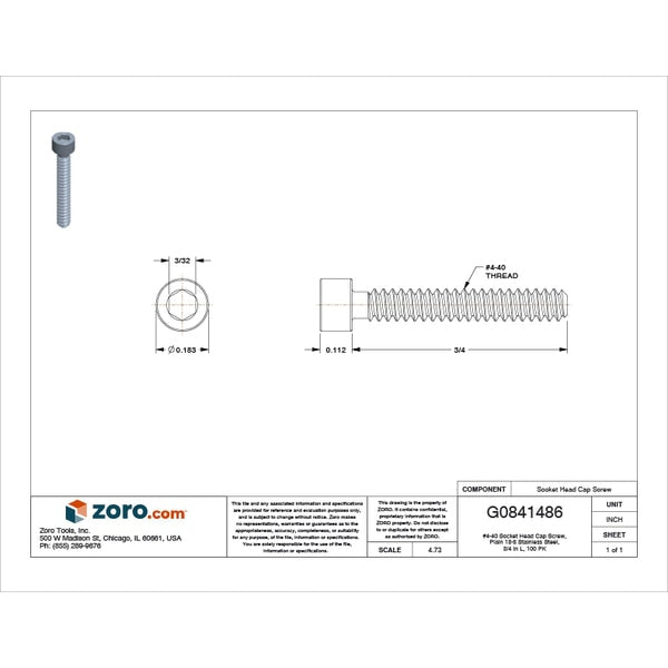 #4-40 Socket Head Cap Screw, Plain 18-8 Stainless Steel, 3/4 in Length, 100 PK