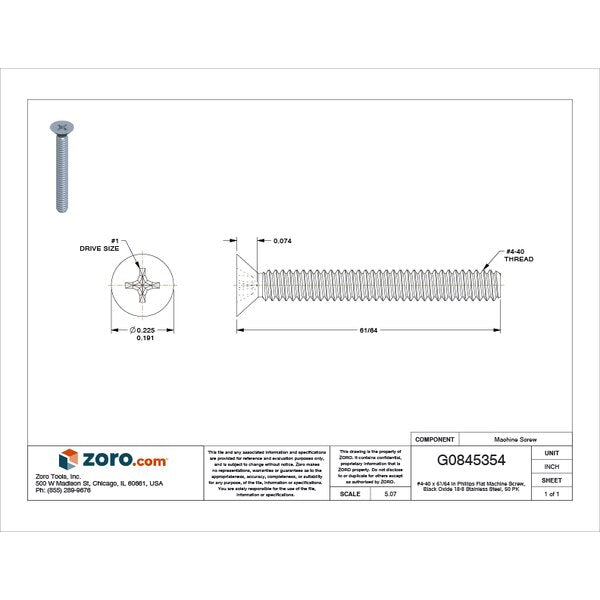 #4-40 x 61/64 in Phillips Flat Machine Screw, Black Oxide 18-8 Stainless Steel, 50 PK