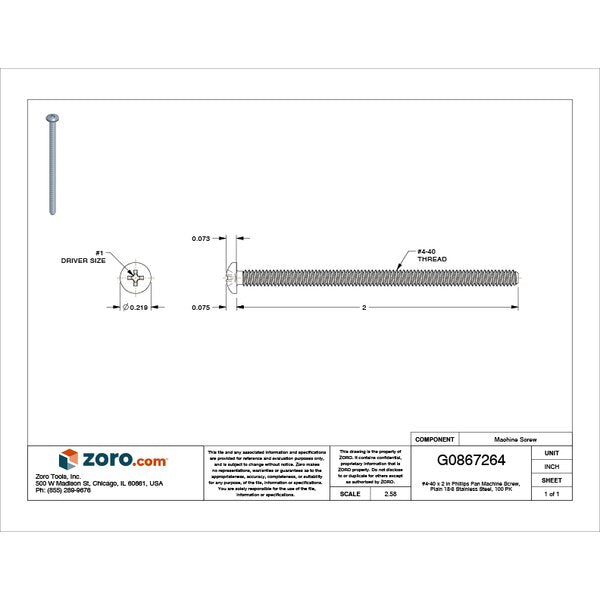 #4-40 x 2 in Phillips Pan Machine Screw, Plain 18-8 Stainless Steel, 100 PK