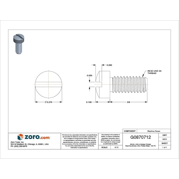 #8-32 x 3/8 in Slotted Fillister Machine Screw, Zinc Plated Steel, 100 PK