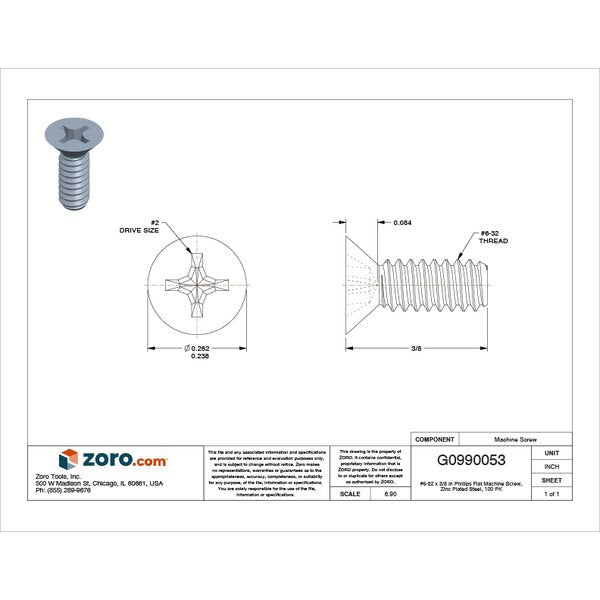 #6-32 x 3/8 in Phillips Flat Machine Screw, Zinc Plated Steel, 100 PK