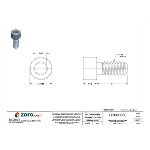 #4-40 Socket Head Cap Screw, Plain 18-8 Stainless Steel, 1/4 in Length, 100 PK