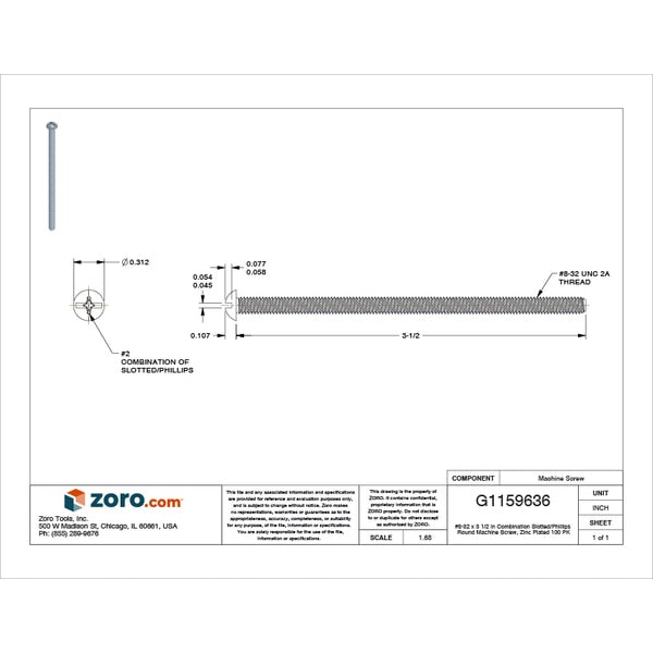 #8-32 x 3-1/2 in Combination Phillips/Slotted Round Machine Screw, Zinc Plated Steel, 100 PK