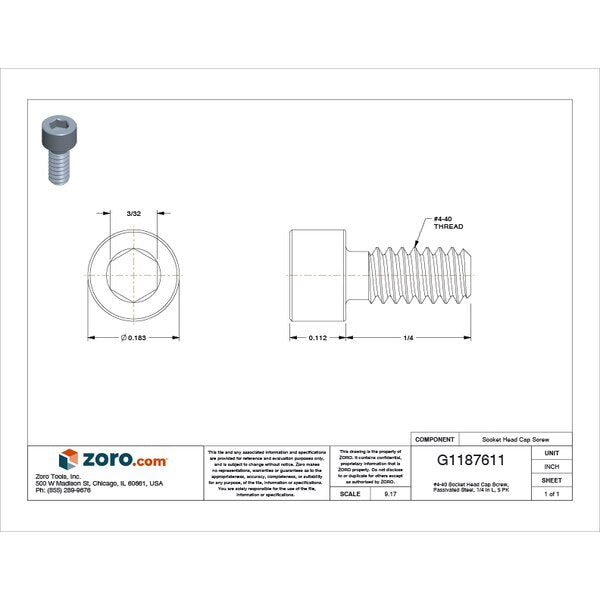 #4-40 Mil Spec Socket Head Cap Screw, Passivated Steel, 1/4 in Length, 5 PK
