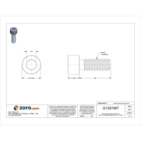 #6-32 Socket Head Cap Screw, Plain 18-8 Stainless Steel, 3/8 in Length, 100 PK