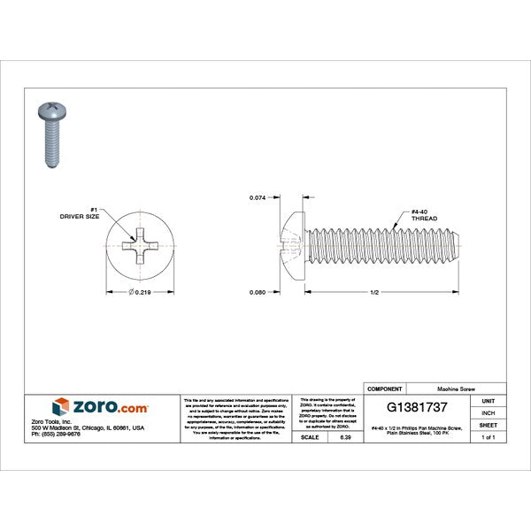 #4-40 x 1/2 in Phillips Pan Machine Screw, Plain Stainless Steel, 100 PK