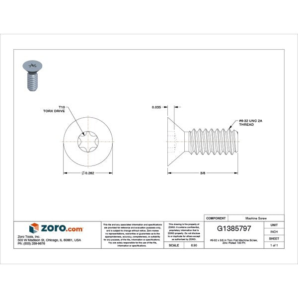#6-32 x 3/8 in Torx Flat Machine Screw, Zinc Plated Steel, 100 PK