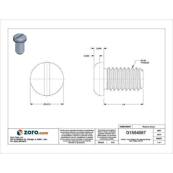 #4-40 x 1/4 in Slotted Pan Machine Screw, Zinc Plated Steel, 100 PK