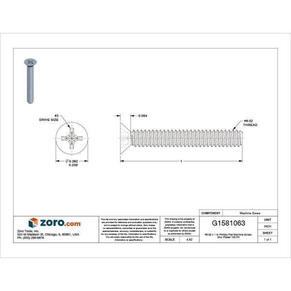 #6-32 x 1 in Phillips Flat Machine Screw, Zinc Plated Steel, 100 PK