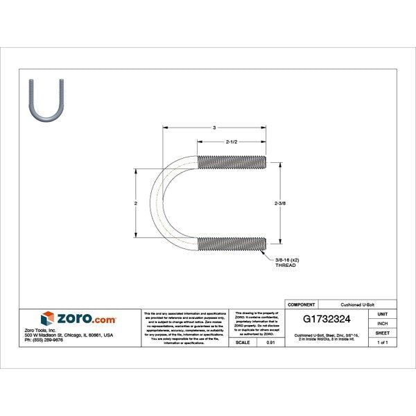 Cushioned U-Bolt, 3/8