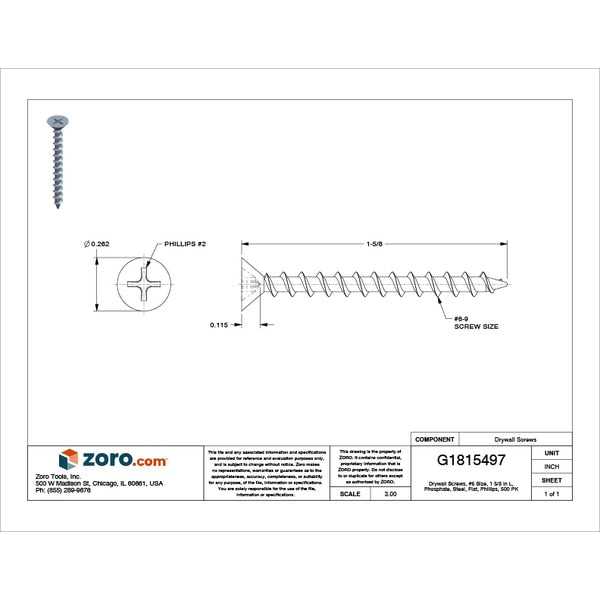 Drywall Screw, #6 x 1-5/8 in, Steel, Flat Head Phillips Drive, 500 PK