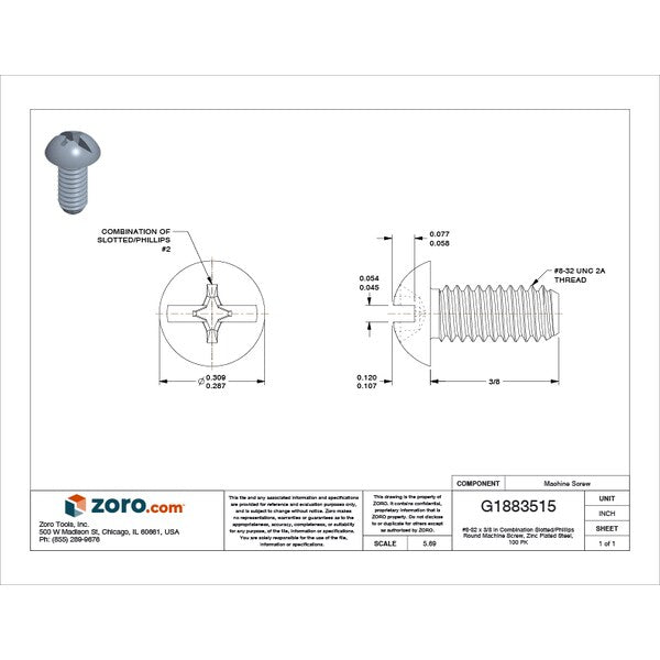 #8-32 x 3/8 in Combination Phillips/Slotted Round Machine Screw, Zinc Plated Steel, 100 PK