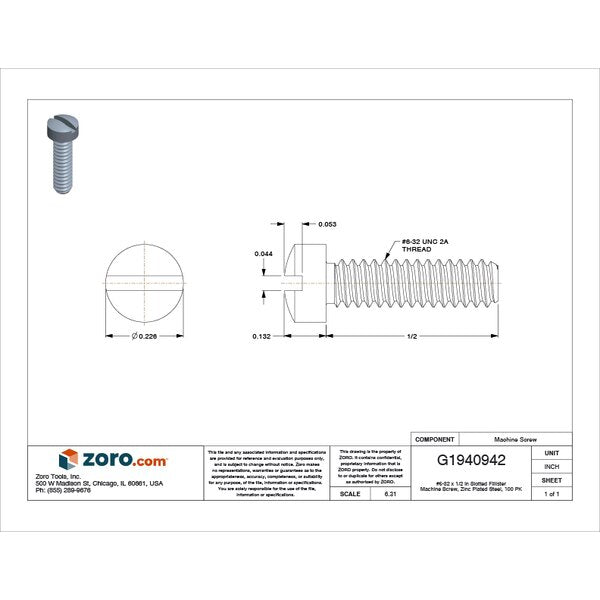 #6-32 x 1/2 in Slotted Fillister Machine Screw, Zinc Plated Steel, 100 PK