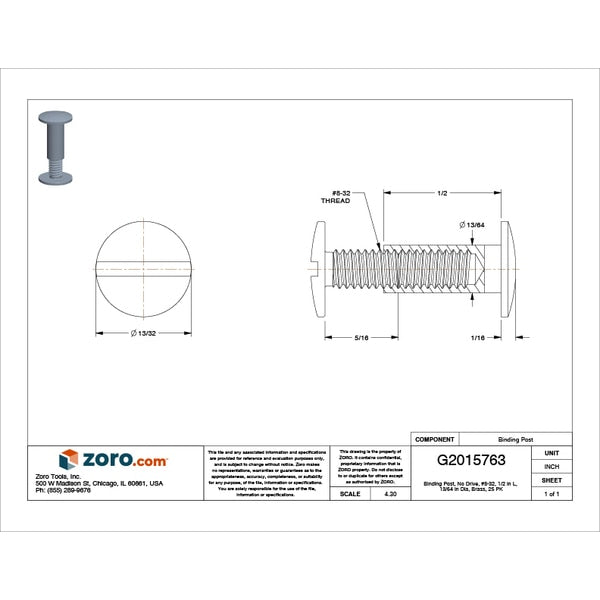 Binding Barrel, #8-32, 1/2 in Brl Lg, 13/64 in Brl Dia, Brass Plain, 25 PK