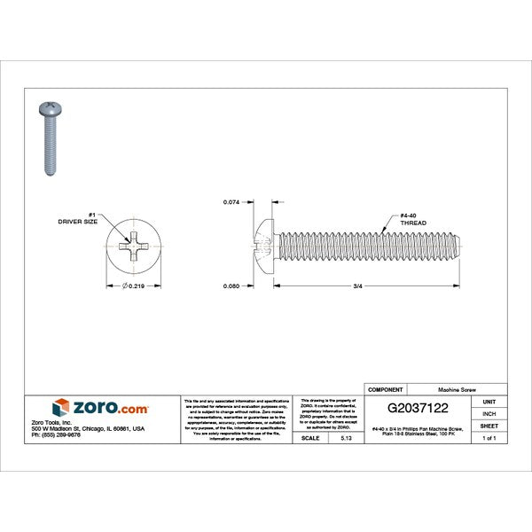 #4-40 x 3/4 in Phillips Pan Machine Screw, Plain 18-8 Stainless Steel, 100 PK