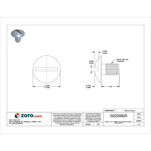 #8-32 x 1/4 in Slotted Truss Machine Screw, Plain 18-8 Stainless Steel, 100 PK