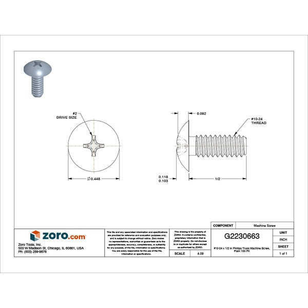 #10-24 x 1/2 in Phillips Truss Machine Screw, Plain 18-8 Stainless Steel, 100 PK