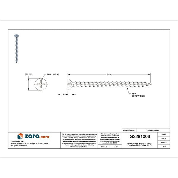 Drywall Screw, #6 x 2-1/4 in, Steel, Phillips Drive, 200 PK
