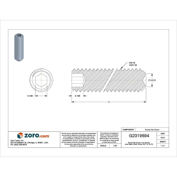 Socket Set Screw, Hex Socket, Alloy Steel, Black Oxide, 3/8