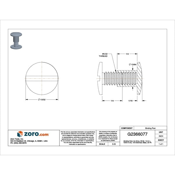 Binding Barrel, #8-32, 1/4 in Brl Lg, 13/64 in Brl Dia, 18-8 Stainless Steel Plain, 25 PK