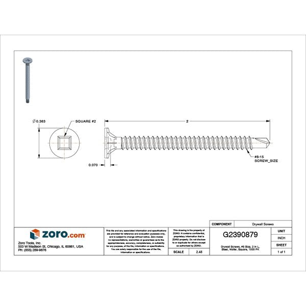 Drywall Screw, #8 x 2 in, Steel, Wafer Head Square Drive, 1000 PK