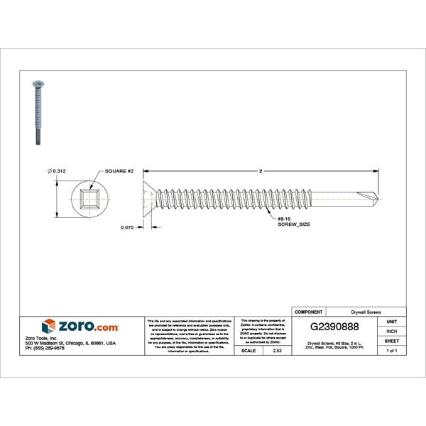 Drywall Screw, #8 x 2 in, Steel, Flat Head Square Drive, 1000 PK