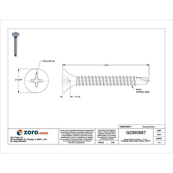 Drywall Screw, #6 x 1-1/4 in, Steel, Flat Head Phillips Drive, 4000 PK