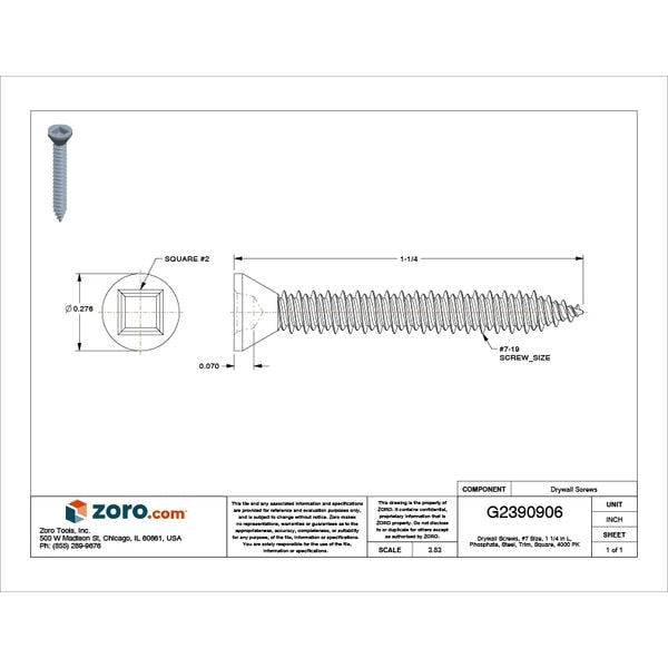 Drywall Screw, #7 x 1-5/64 in, Steel, Trim Head Square Drive, 4000 PK