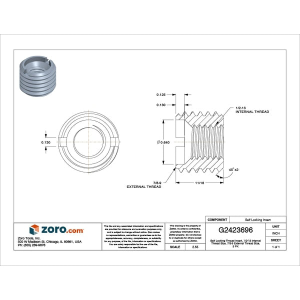 Extra Heavy Wall Self Locking Thread Insert, 1/2