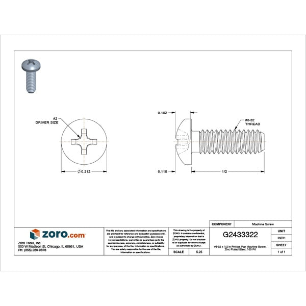 #8-32 x 1/2 in Phillips Pan Machine Screw, Zinc Plated Steel, 100 PK