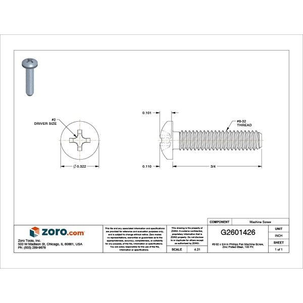 #8-32 x 3/4 in Phillips Pan Machine Screw, Zinc Plated Steel, 100 PK