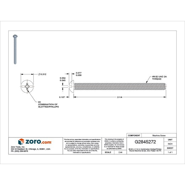 #8-32 x 2-1/4 in Combination Phillips/Slotted Round Machine Screw, Zinc Plated Steel, 100 PK