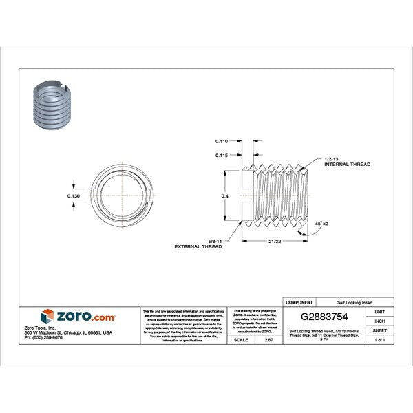 Thin Wall Self Locking Thread Insert, 1/2
