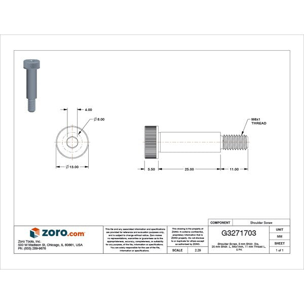 Shoulder Screw, M6-1.00 Thr Sz, 11 mm Thr Lg, 25 mm Shoulder Lg, Alloy Steel, 5 PK