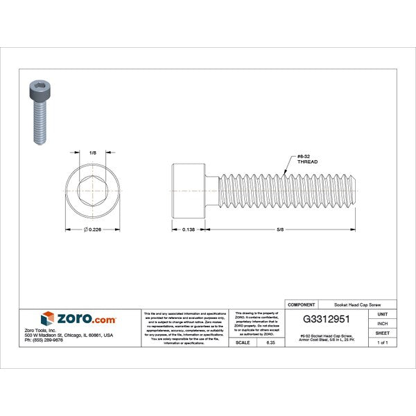 #6-32 Socket Head Cap Screw, Armor Coat Steel, 5/8 in Length, 25 PK