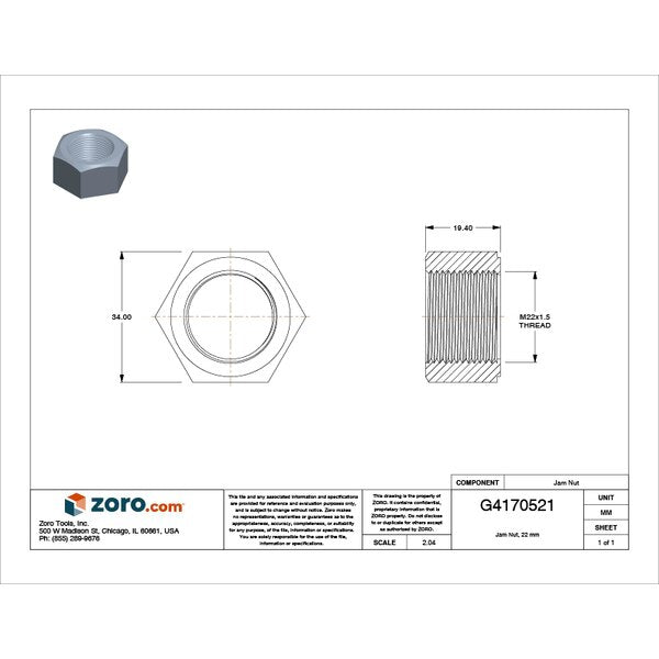 Jam Nut, 22 mm, Brass