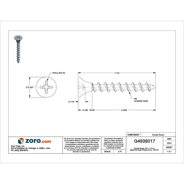 Drywall Screw, #6 x 1-1/4 in, Steel, Flat Head Phillips Drive, 1000 PK
