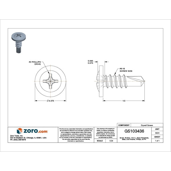 Drywall Screw, #8 x 1/2 in, Steel, Oval Head Phillips Drive, 50 PK